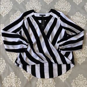 INC - Black & White Striped Flowy Wrap Blouse